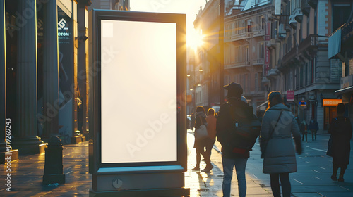 Mockup. Blank white vertical advertising banner billboard stand on the sidewalk at night PHOTOGRAPHY