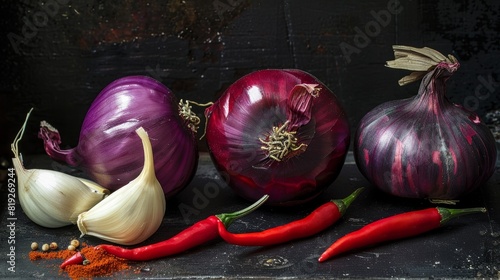 still life - sweet purple Crimean onion, garlic and Cayenne red pepper on black background photo