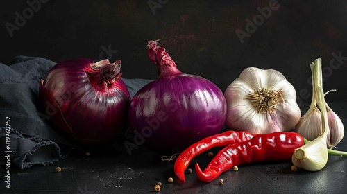still life - sweet purple Crimean onion, garlic and Cayenne red pepper on black background photo