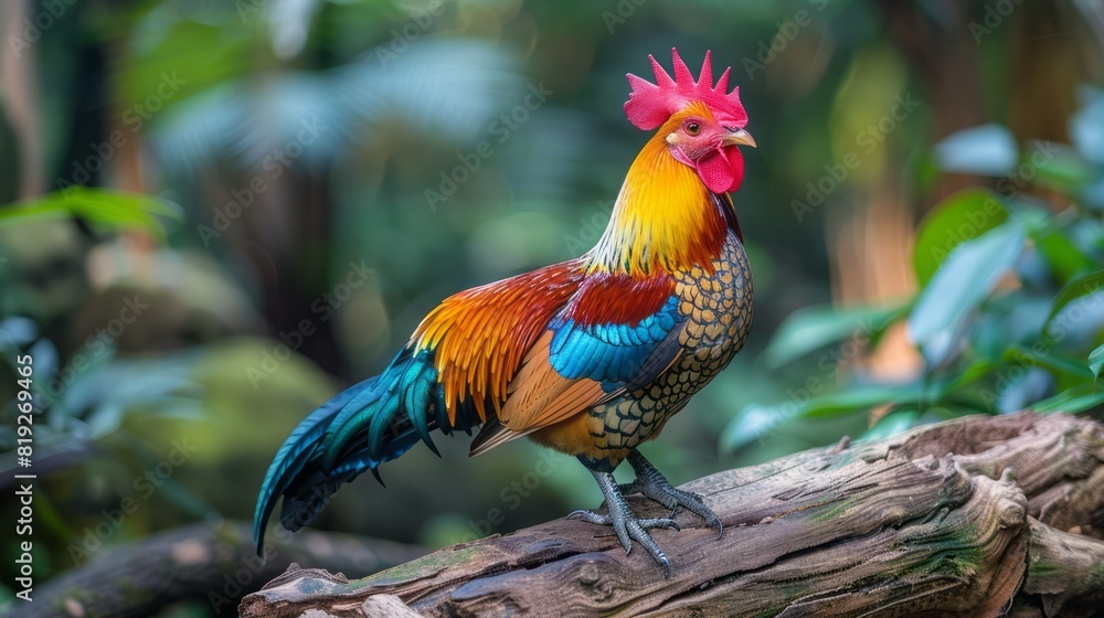 Fototapeta premium mighty colorful short-legged Bantam chicken perched on wood