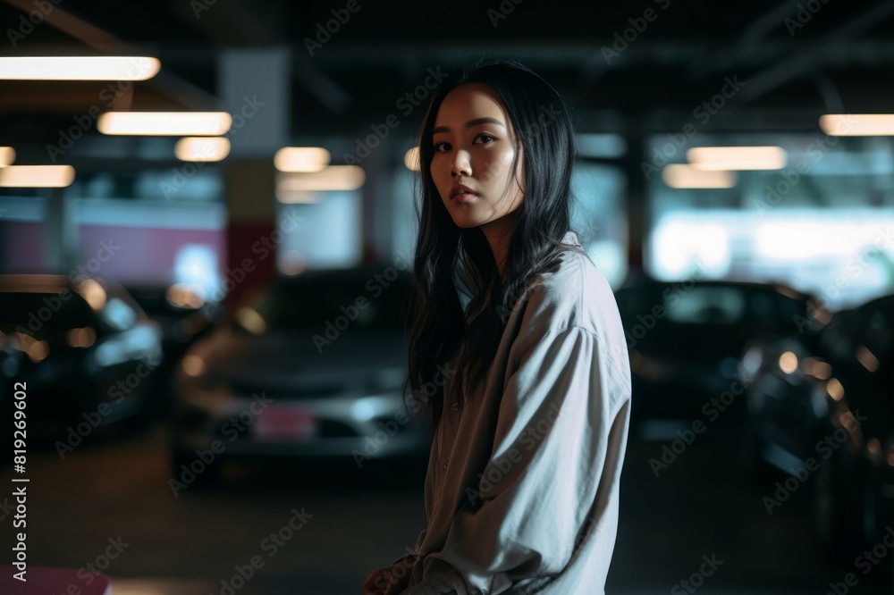 Asian woman at underground parking