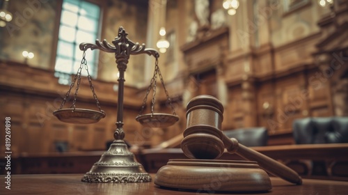 Close-up of a gavel and scales of justice on a courtroom table, symbolizing law, justice, and legal proceedings in a formal setting. photo
