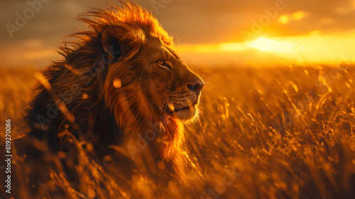 Majestic Lion in Golden Hour Light on African Savannah