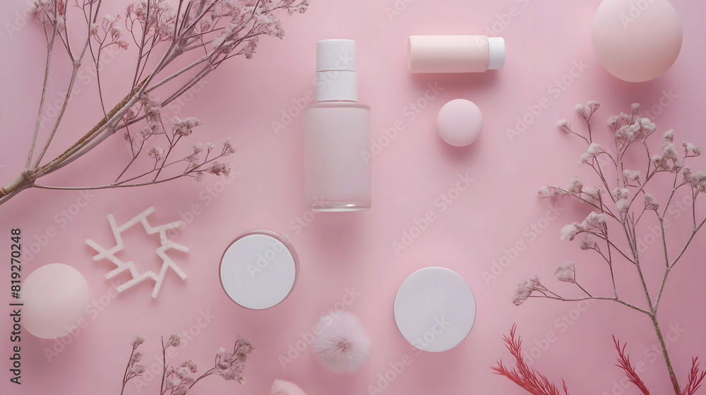 Elegant Winter Skincare Essentials on Pastel Pink Background Elegant Winter Skincare Essentials on Pastel Pink Background