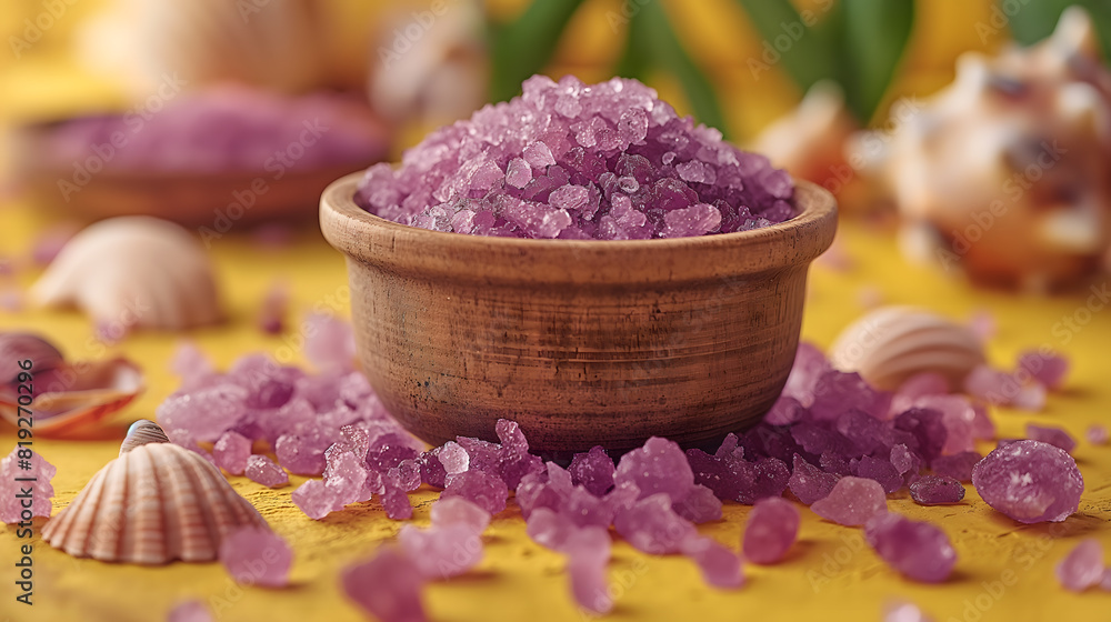 Vibrant Sea Salt Crystals and Seashells on a Sunny Yellow Background Vibrant Sea Salt Crystals and Seashells on a Sunny Yellow Background