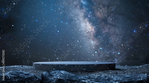 The dark blue background with bright white stars makes the black platform in the center the focus of the image.