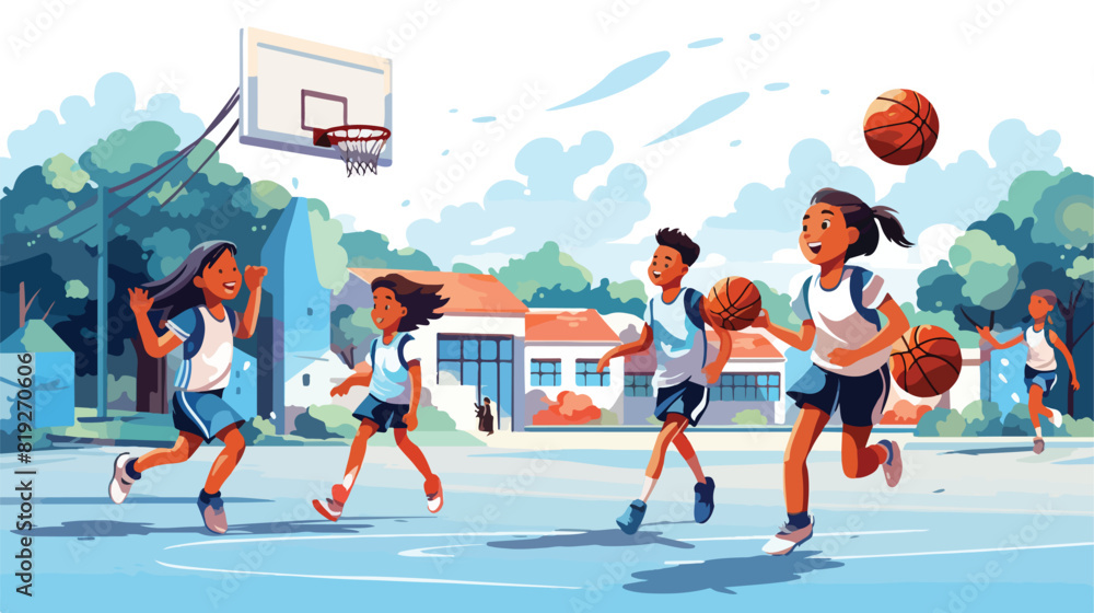 Vector cartoon Illustration of kids playing basketb