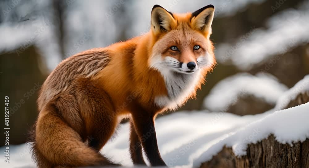 A red fox, with elegant golden fur, roams the forests with freedom and grace. Its thick tail, fluffy and coarse, is proudly raised in the air A red fox, with elegant golden fur, roams the forests with freedom and grace. Its thick tail, fluffy and coarse, is proudly raised in the air