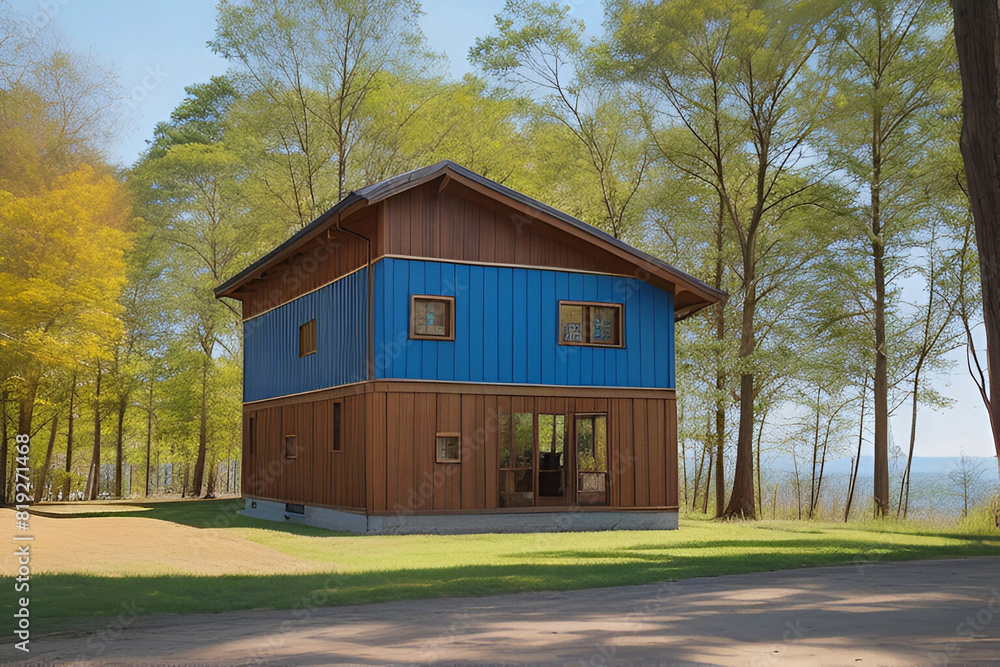 Brown and Beige Wooden House Under Blue Sky. Ai Generated Brown and Beige Wooden House Under Blue Sky. Ai Generated