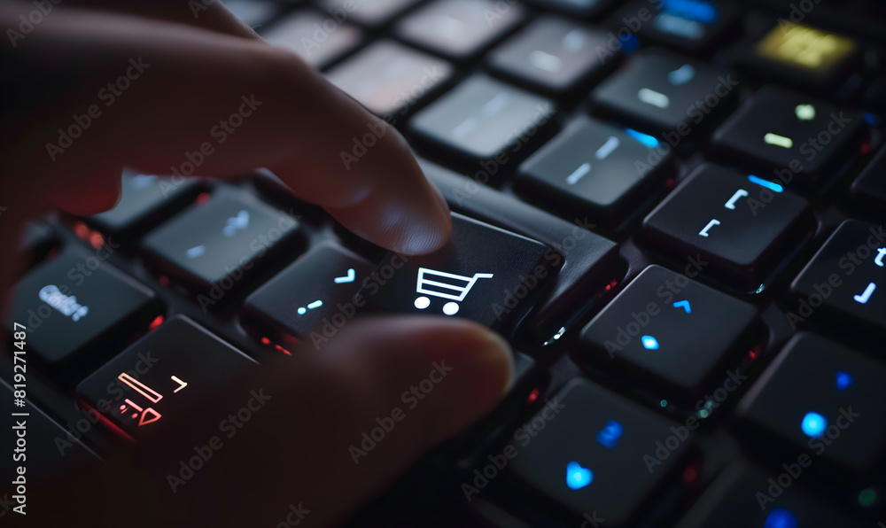 Close-Up of Finger Pressing a Shopping Cart Key on a Backlit Keyboard Close-Up of Finger Pressing a Shopping Cart Key on a Backlit Keyboard