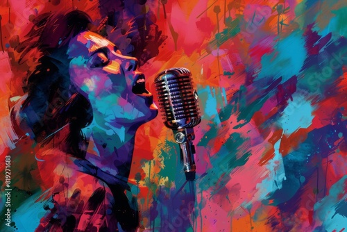illustration of a female singer with abstract background