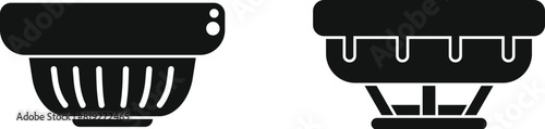 Black and white flat icons representing a smoke detector and a fire alarm