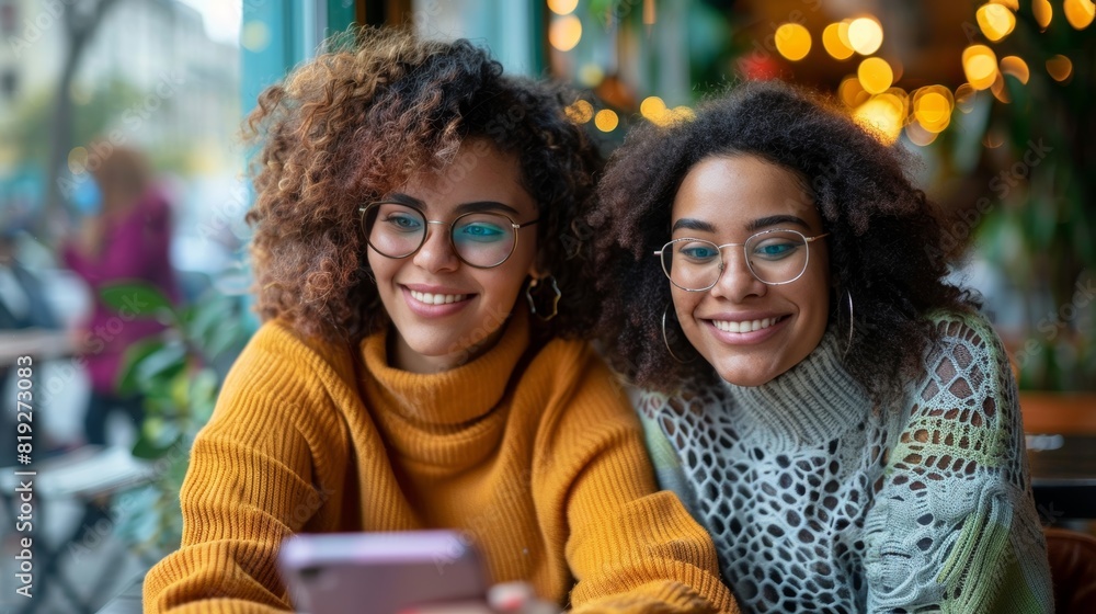 Fototapeta premium Two Friends Smiling and Looking at Smartphone in Cozy Café