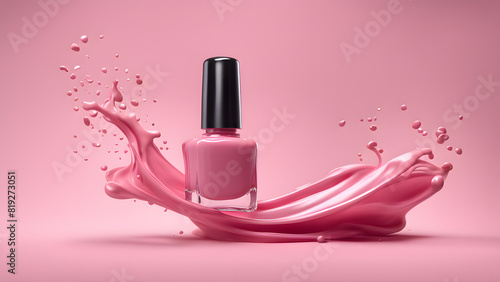 a pink nail polish bottle with liquid splashing for beauty makeup concept