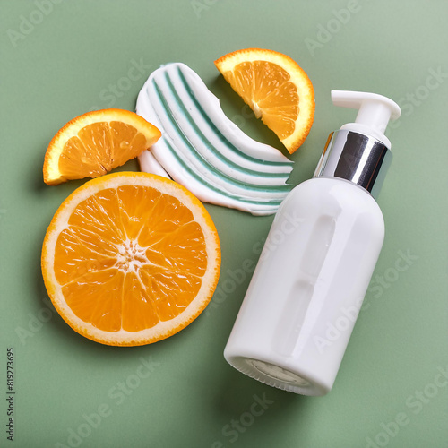 Creative fashion concept image of cosmetics makeup beauty products lotion cream bottle with fruits and leaves with swatches smears oranges..