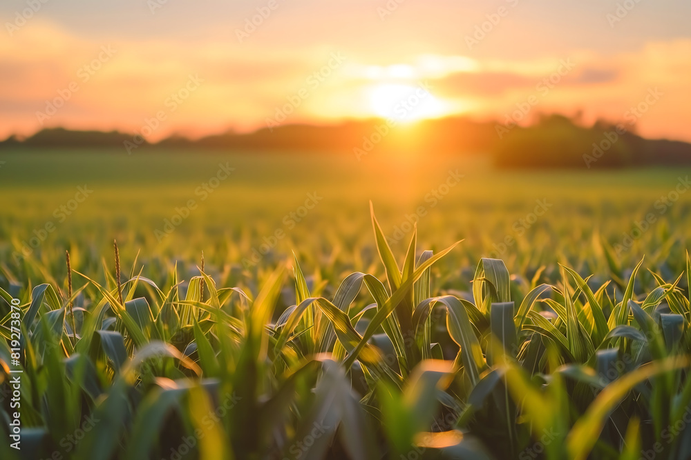 Golden Hour Over Lush Green Cornfield at Sunset