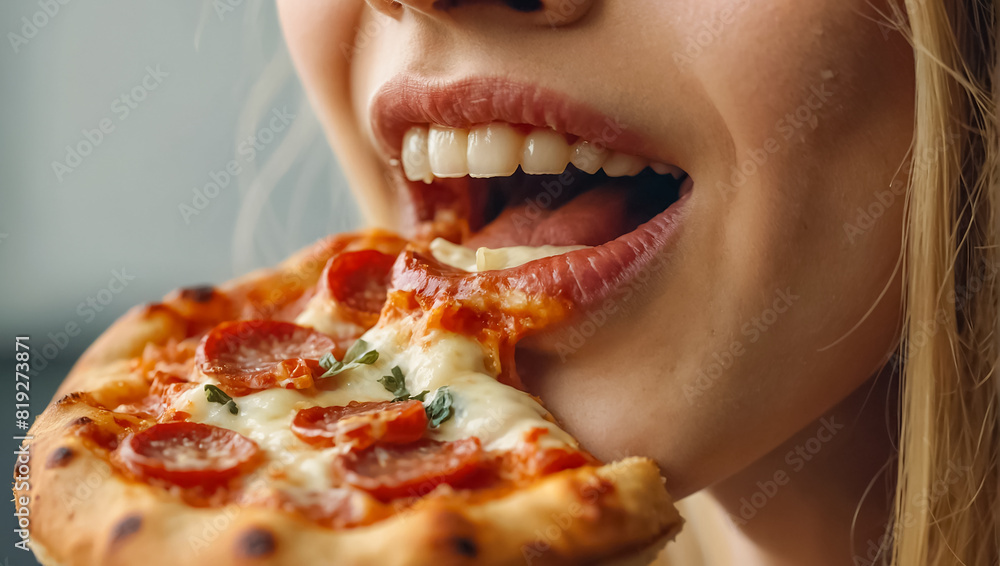 Girl eating pizza close up dinner Girl eating pizza close up dinner