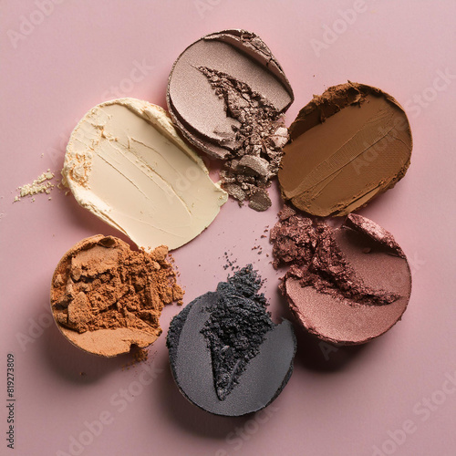 Creative fashion concept image of cosmetics swatches smears makeup beauty products lipstick eyeshadows lopgloss.