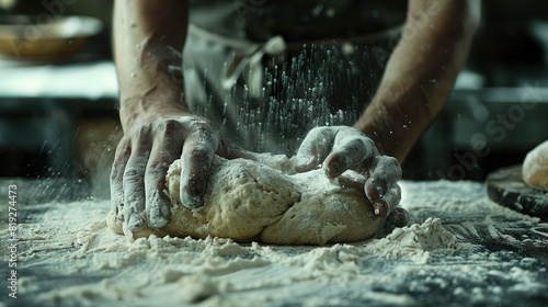  Close-up of a person kneading dough on a flour-covered table with other kneaded dough