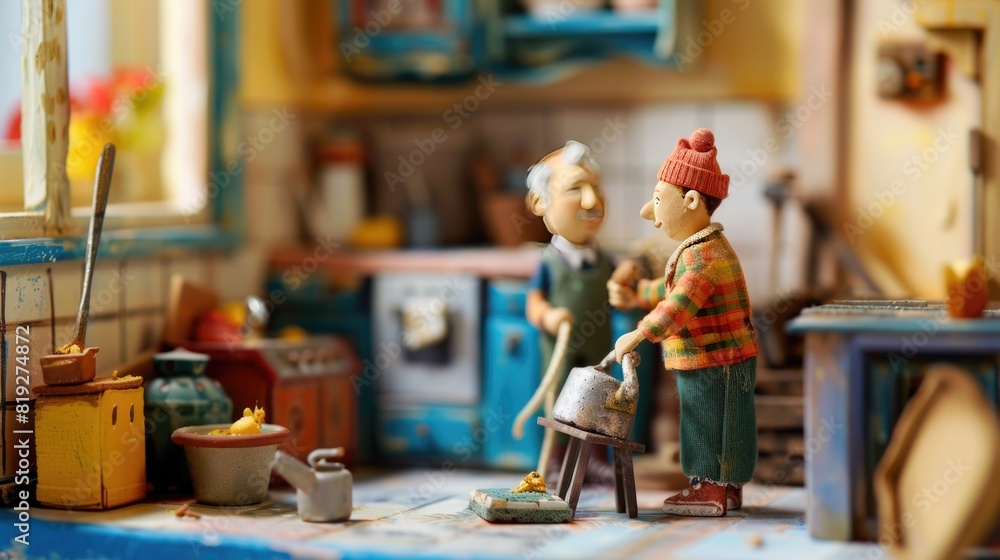  Plasticine character. Couple renovating their home