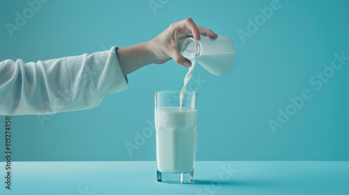 Someone is pouring milk from a bottle into a glass AIG51A. photo
