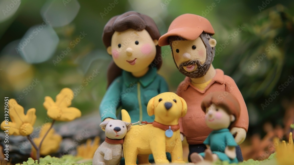 Plasticine character. Family petting a dog Plasticine character. Family petting a dog