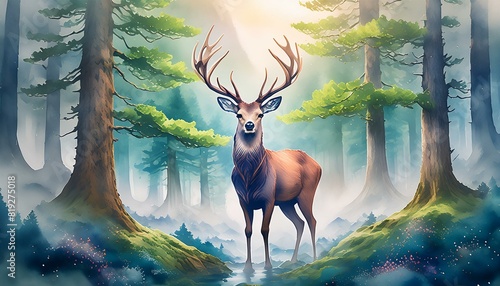 A graceful deer standing in a misty forest, looking directly at the camera. The forest photo