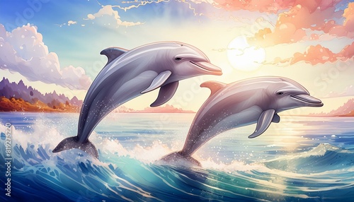  Two dolphins leaping out of the crystal-clear ocean water  their bodies glistening 