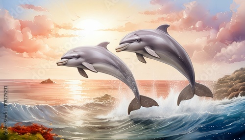  Two dolphins leaping out of the crystal-clear ocean water  their bodies glistening 