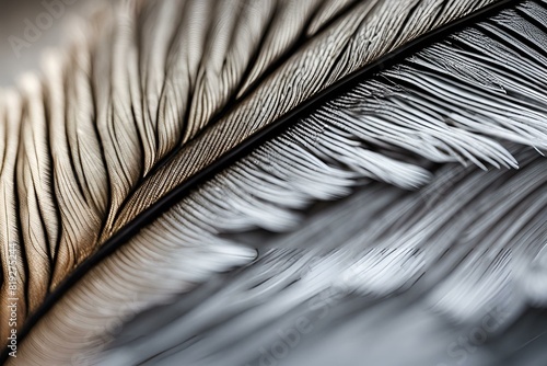 A close-up photo of the delicate structure of a gray feather, Macro shot gray feather