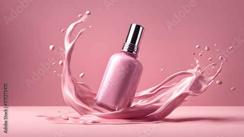 a bottle of pink liquid with a splash of liquid for beauty makeup concept