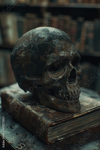 Decayed Skull on Antique Books in Library 
