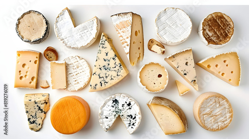 Traditional French cheese platter seen from above on white background