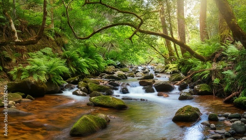 A babbling mountain stream with clear  cold water cascading over smooth rocks and pebbles.