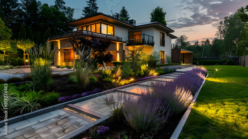 Modern gardening landscaping design details. Illuminated pathway in front of residential house. Landscape garden with ambient lighting system installation highlighting flowers plants PHOTOGRAPHY
