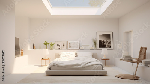 A serene and minimalist bedroom with a white color scheme  a floating bed frame  and a large skylight for stargazing.