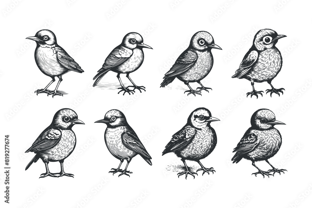 Cute bird vector black and white cartoon character design collection. White background, Animals. Cute bird vector black and white cartoon character design collection. White background, Animals.