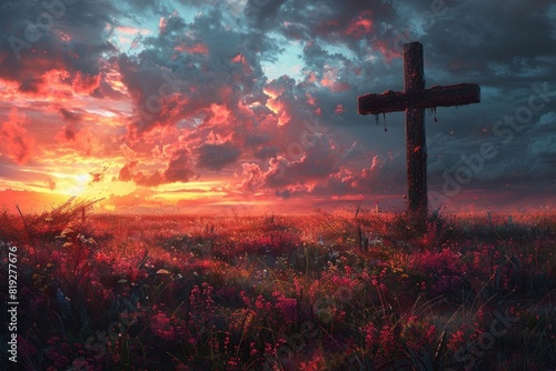 Christian cross in a field with the sunset in the background. Concept of spirituality and religiosity photo