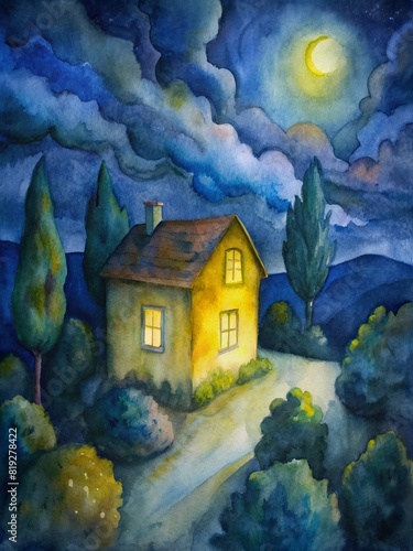 Night house in the summer: a picturesque yellow and black composition in the style of impressionism