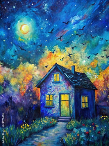 A cozy house against the backdrop of a yellow-black summer night sky in the style of impressionism
