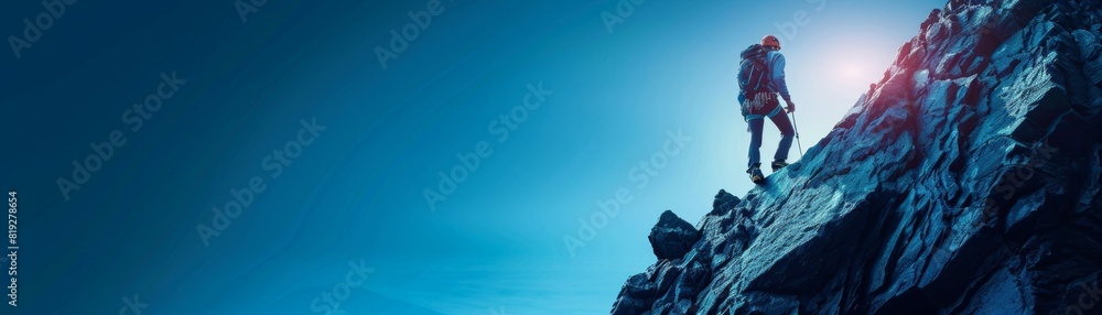 Fototapeta premium A lone climber scaling a holographic peak, representing ambition and determination, colorful and minimal, with text space.