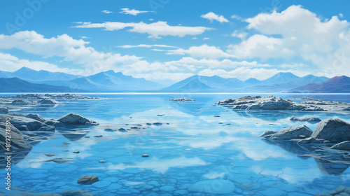 A serene expanse of cerulean blue stretches as far as the eye can see  evoking a sense of tranquility.