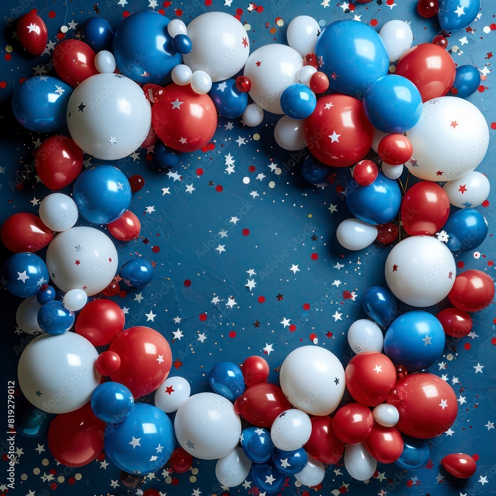 Obraz premium Memorial day, Independence day, 4th of July, labor day concept. Festive background in USA flag colors, balloons