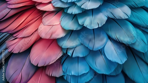   A close-up of a multicolored bird's feathers with shades of red, pink, blue, and green photo