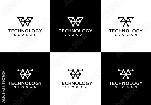 abstract Letter W technology line dot connection logo design vector