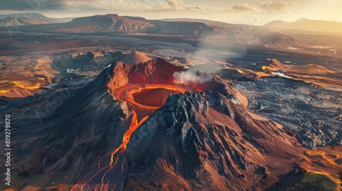 Beautiful aerial panoramatic view of active volcano, Litli - Hrutur, Iceland 2023 realistic hyperrealistic photo