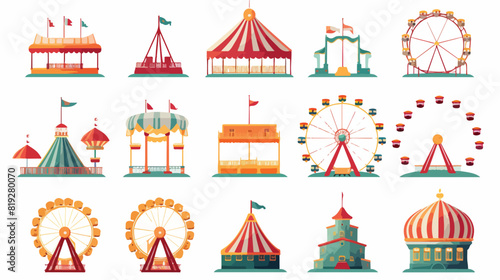vector flat amusement park objects icon set. Merry