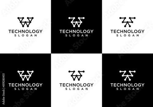 abstract Letter W technology line dot connection logo design vector
