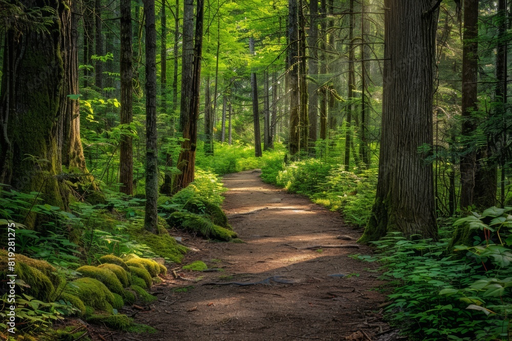 Fototapeta premium path through green forest in summer with moss, foliage, trees and grass vegetation. Ecology and harmony with nature. Deforestation issue.