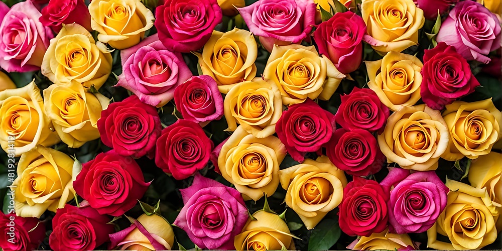 Vibrant Roses Close-Up: Red, Yellow, Pink Roses Background, Colorful Floral Display, Floral Beauty and Elegance. Vibrant Roses Close-Up: Red, Yellow, Pink Roses Background, Colorful Floral Display, Floral Beauty and Elegance.